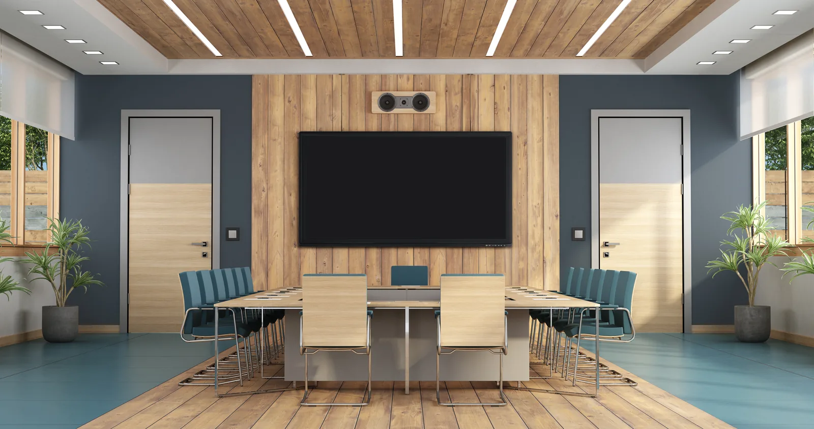 Modern conference room with large display and video conferencing