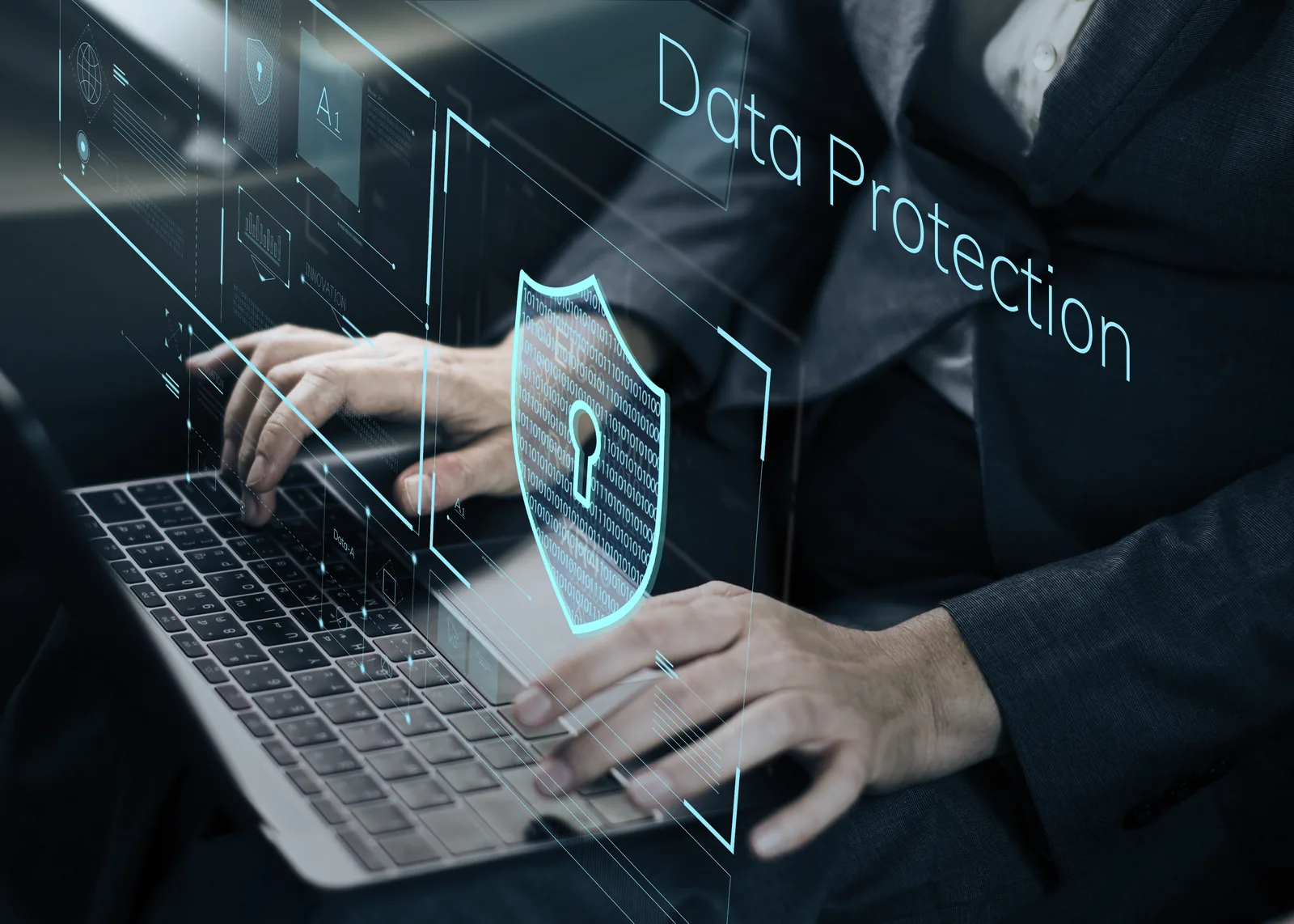 Laptop protected by a cybersecurity shield concept