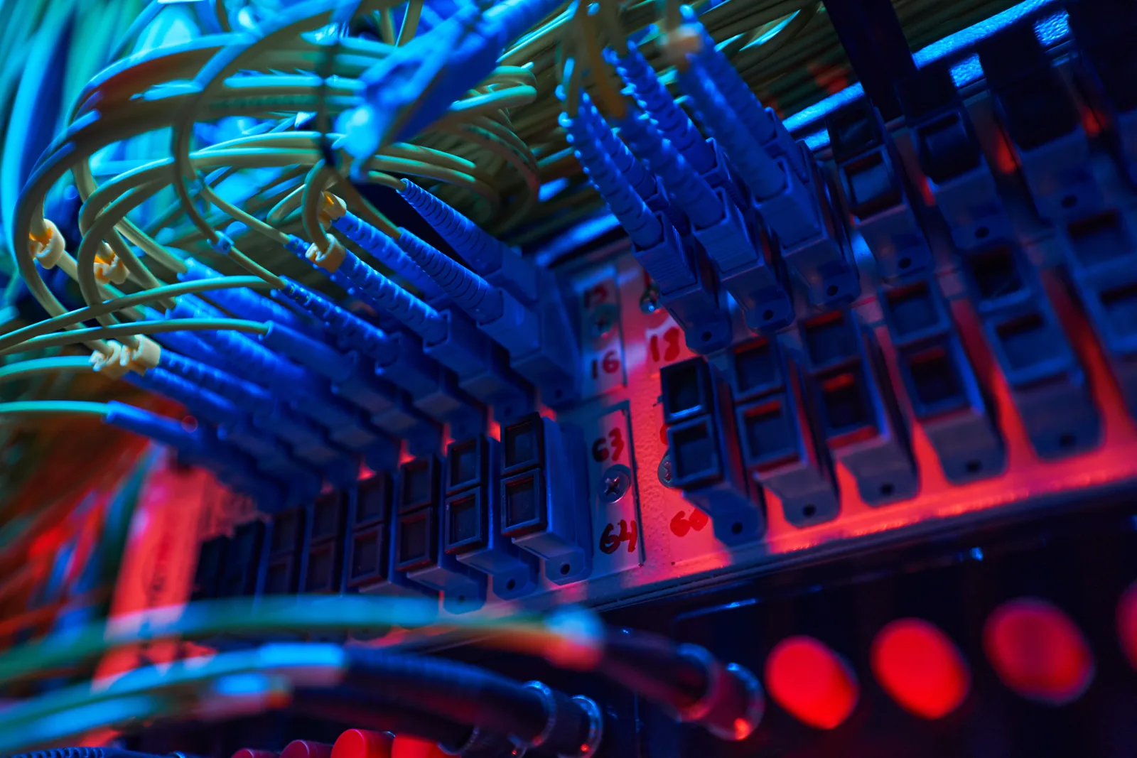 Illuminated network cables connected to an enterprise switch